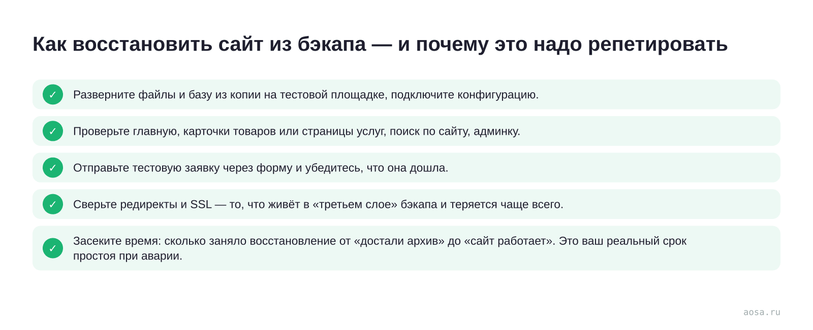 Чек-лист «Как восстановить сайт из бэкапа — и почему это надо репетировать» из статьи «Бэкап сайта: как настроить резервные копии и не потерять всё»: 5 пунктов — Разверните файлы и базу из копии; Проверьте главную, карточки товаров или страницы; Отправьте тестовую заявку через форму и; Сверьте редиректы и SSL; Засеките время
