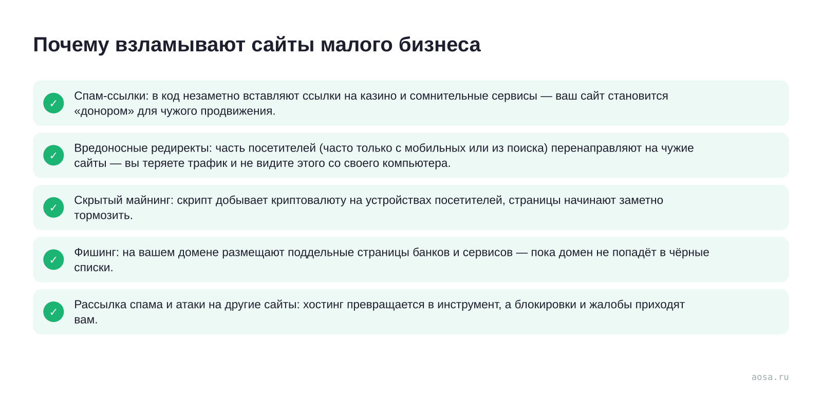 Чек-лист «Почему взламывают сайты малого бизнеса» из статьи «Безопасность сайта: почему взламывают и как защититься»: 5 пунктов — Спам-ссылки: в код незаметно вставляют ссылки; Вредоносные редиректы; Скрытый майнинг; Фишинг: на вашем домене размещают поддельные; Рассылка спама и атаки на другие сайты
