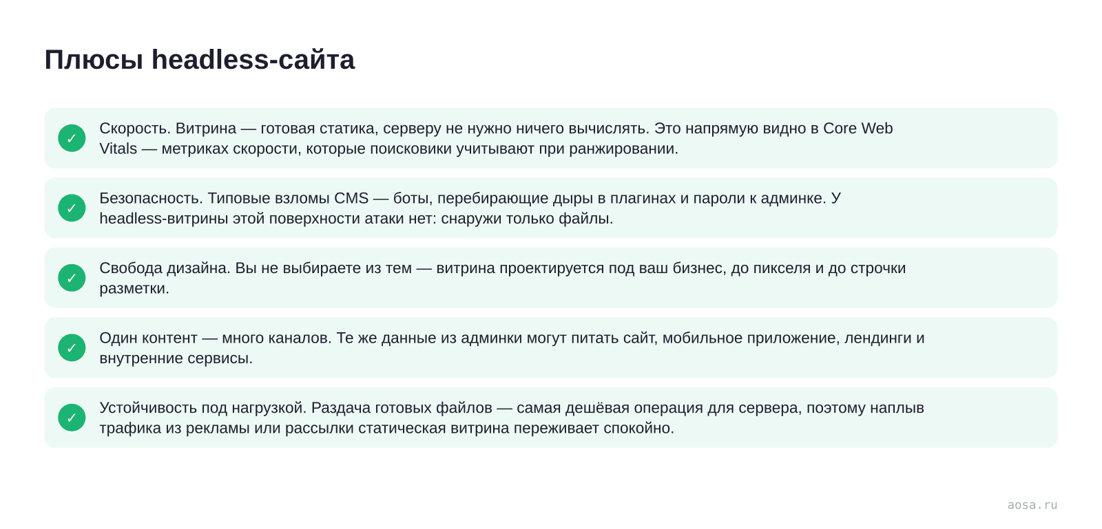 Чек-лист «Плюсы headless-сайта» из статьи «Headless CMS простыми словами: админка отдельно, сайт отдельно»: 5 пунктов — Скорость. Витрина — готовая статика, серверу; Безопасность. Типовые взломы CMS — боты,; Свобода дизайна; Один контент; Устойчивость под нагрузкой