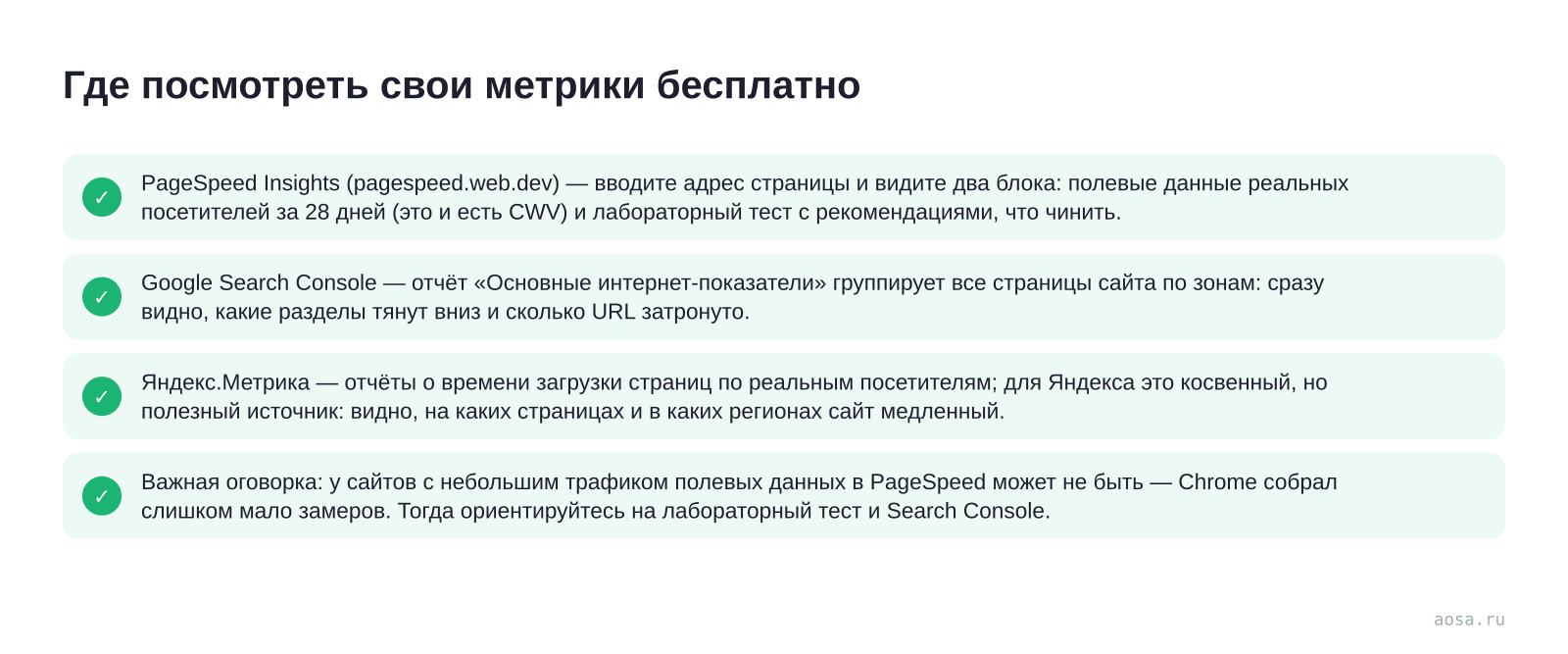 Чек-лист «Где посмотреть свои метрики бесплатно» из статьи «Core Web Vitals простыми словами: LCP, INP и CLS»: 4 пунктов — PageSpeed Insights (pagespeed.web.dev); Google Search Console; Яндекс.Метрика — отчёты о времени загрузки; Важная оговорка
