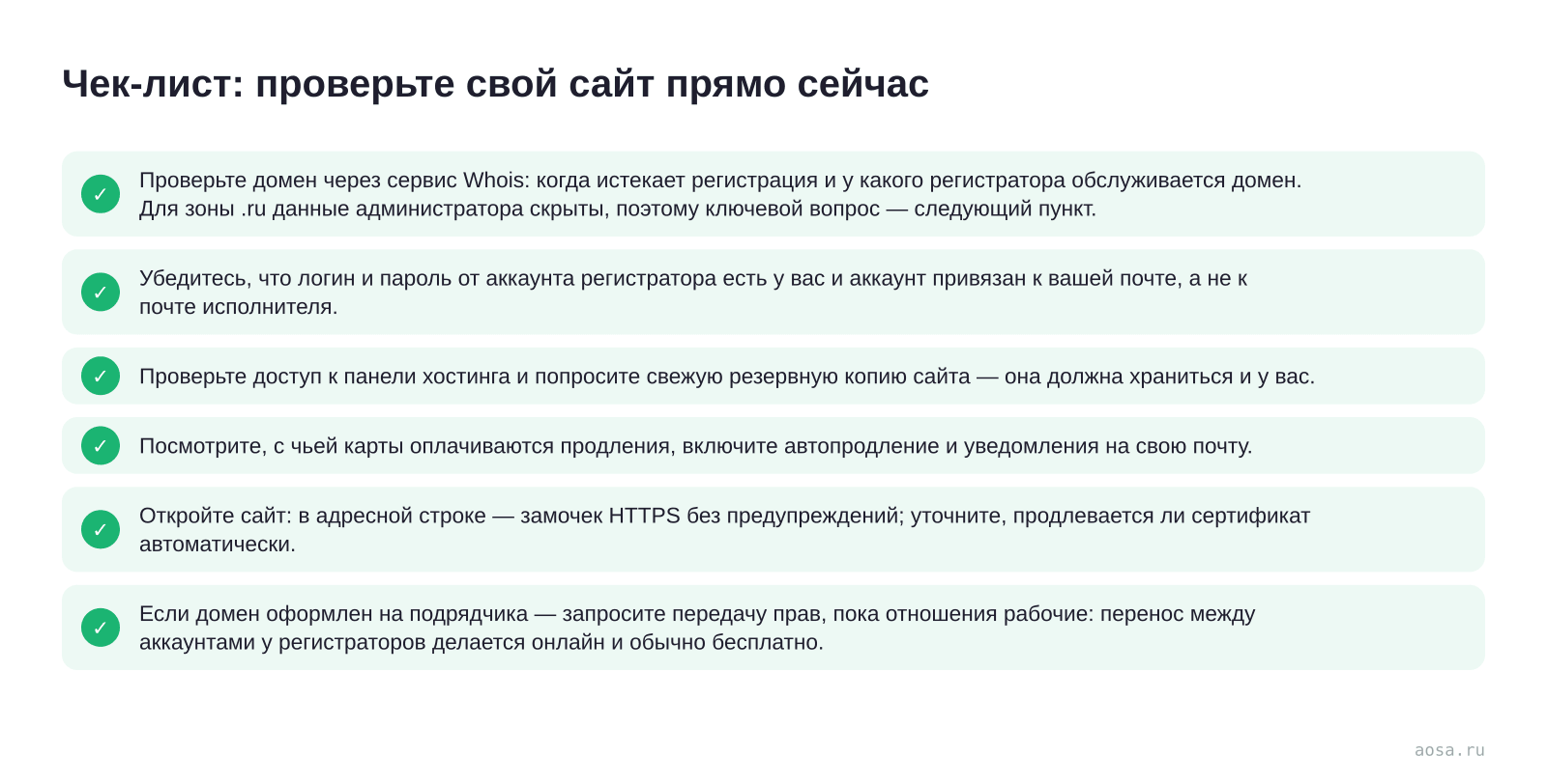 Чек-лист «Чек-лист: проверьте свой сайт прямо сейчас» из статьи «Домен, хостинг и SSL простыми словами: на кого оформлять»: 6 пунктов — Проверьте домен через сервис Whois; Убедитесь, что логин и пароль от; Проверьте доступ к панели хостинга и; Посмотрите, с чьей карты оплачиваются продления,; Откройте сайт; Если домен оформлен…