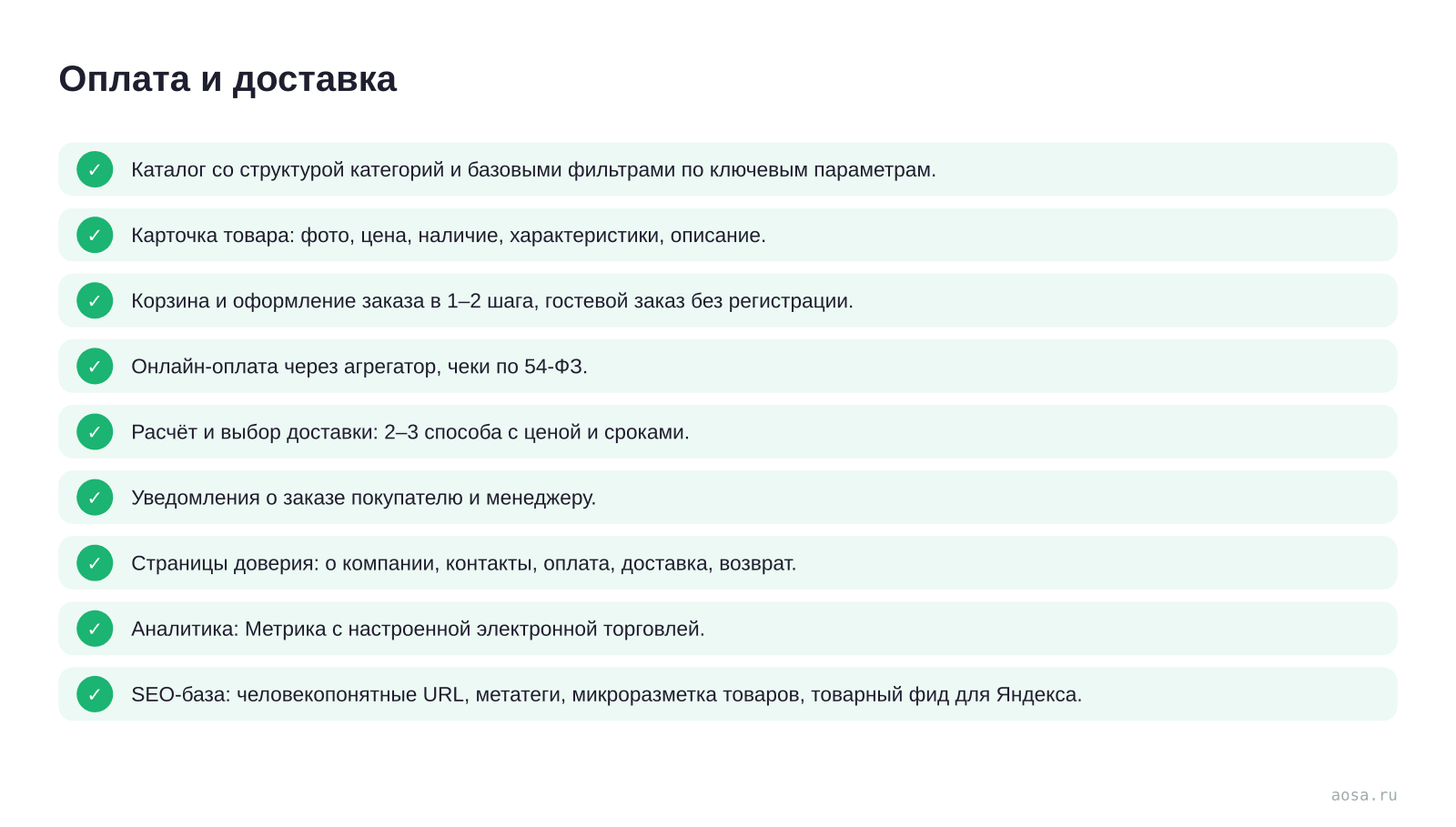 Чек-лист «Оплата и доставка» из статьи «Какой функционал нужен интернет-магазину на старте, а какой — потом»: 9 пунктов — Каталог со структурой категорий и базовыми; Карточка товара; Корзина и оформление заказа в 1–2; Онлайн-оплата через агрегатор, чеки по 54-ФЗ.; Расчёт и выбор доставки; Уведомления о заказе покупателю и менед…
