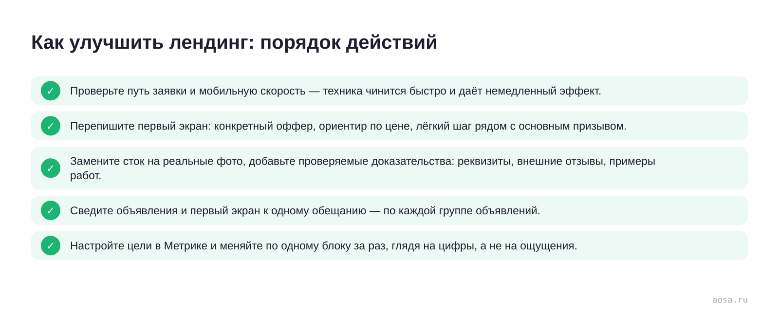 Чек-лист «Как улучшить лендинг: порядок действий» из статьи «12 ошибок лендинга, из-за которых нет заявок»: 5 пунктов — Проверьте путь заявки и мобильную скорость; Перепишите первый экран; Замените сток на реальные фото, добавьте проверяемые доказательства; Сведите объявления и первый экран к одному обещанию; Настройте цели в М…