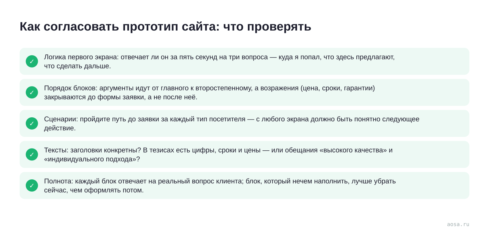 Чек-лист «Как согласовать прототип сайта: что проверять» из статьи «Прототип сайта: зачем он нужен до дизайна»: 5 пунктов — Логика первого экрана; Порядок блоков; Сценарии: пройдите путь до заявки за; Тексты: заголовки конкретны? В тезисах есть; Полнота: каждый блок отвечает на реальный