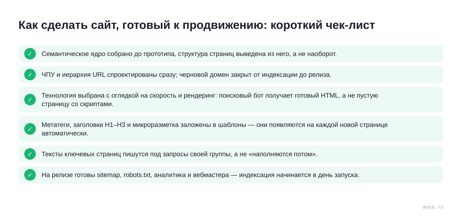 Чек-лист «Как сделать сайт, готовый к продвижению: короткий чек-лист» из статьи «Почему SEO закладывают на этапе разработки, а не после запуска»: 6 пунктов — Семантическое ядро собрано до прототипа, структура; ЧПУ и иерархия URL спроектированы сразу; Технология выбрана с оглядкой на скорость и рендеринг; Метатеги, заголовки H1–…