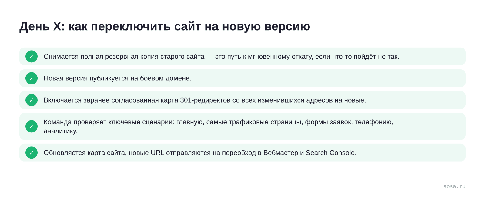 Чек-лист «День X: как переключить сайт на новую версию» из статьи «Редизайн без остановки бизнеса: как это делают»: 5 пунктов — Снимается полная резервная копия старого сайта; Новая версия публикуется на боевом домене.; Включается заранее согласованная карта 301-редиректов со; Команда проверяет ключевые сценарии; Обновляется ка…