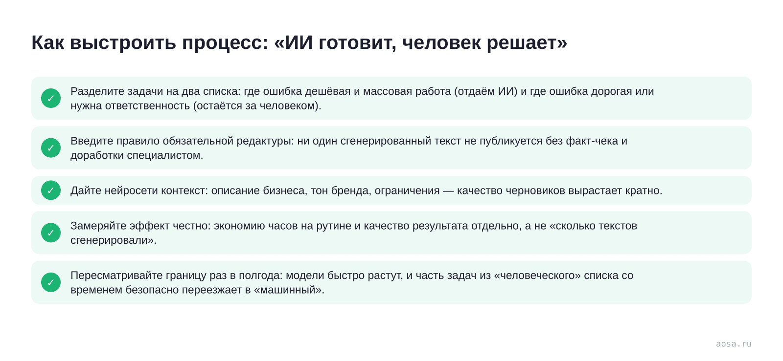 Чек-лист «Как выстроить процесс: «ИИ готовит, человек решает»» из статьи «Нейросети в SEO: где они реально помогают, а где мешают»: 5 пунктов — Разделите задачи на два списка; Введите правило обязательной редактуры; Дайте нейросети контекст; Замеряйте эффект честно; Пересматривайте границу раз в полгода