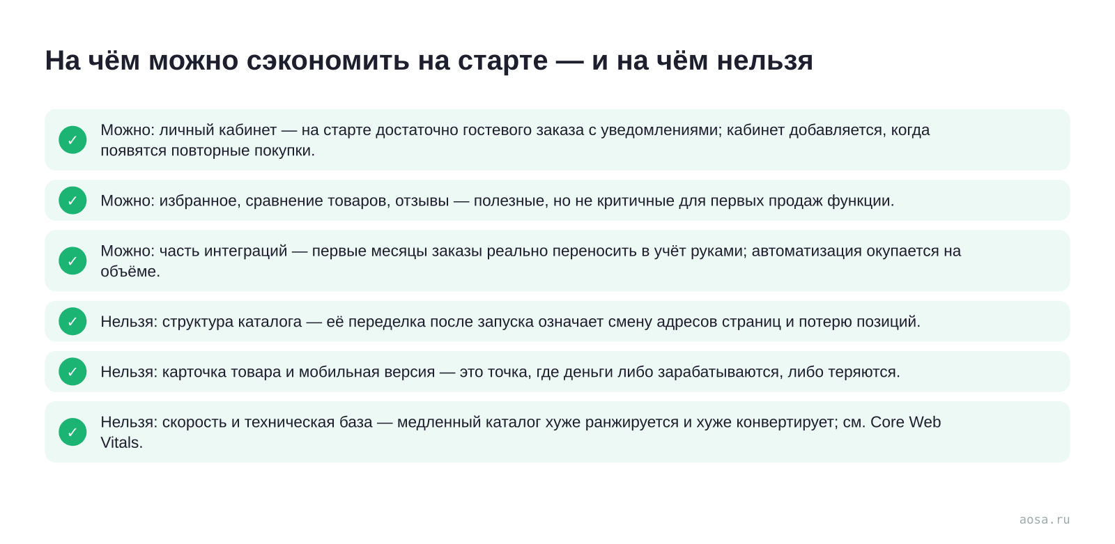 Чек-лист «На чём можно сэкономить на старте — и на чём нельзя» из статьи «Сколько стоит интернет-магазин: реальная смета разработки»: 6 пунктов — Можно: личный кабинет; Можно: избранное, сравнение товаров, отзывы; Можно: часть интеграций; Нельзя: структура каталога — её переделка; Нельзя: карточка товара и мобильная версия; Нел…