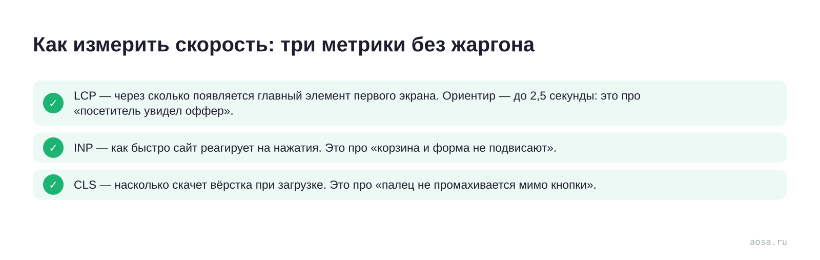 Чек-лист «Как измерить скорость: три метрики без жаргона» из статьи «Как скорость сайта влияет на конверсию и продажи»: 3 пунктов — LCP — через сколько появляется главный элемент первого экрана; INP — как быстро сайт реагирует на нажатия; CLS — насколько скачет вёрстка при загрузке