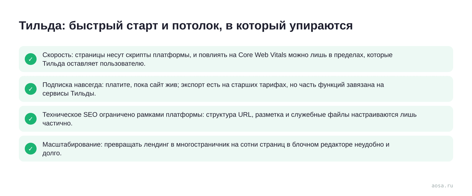 Чек-лист «Тильда: быстрый старт и потолок, в который упираются» из статьи «Тильда, WordPress или Битрикс: когда какая платформа подходит»: 4 пунктов — Скорость: страницы несут скрипты платформы, и; Подписка навсегда; Техническое SEO ограничено рамками платформы; Масштабирование: превращать лендинг в многостраничник на