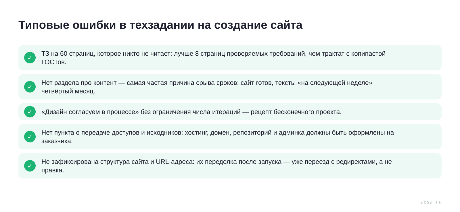 Чек-лист «Типовые ошибки в техзадании на создание сайта» из статьи «ТЗ на разработку сайта: что включить»: 5 пунктов — ТЗ на 60 страниц, которое никто не читает; Нет раздела про контент; «Дизайн согласуем в процессе» без ограничения числа итераций; Нет пункта о передаче доступов и исходников; Не зафиксирована структура сайта и…